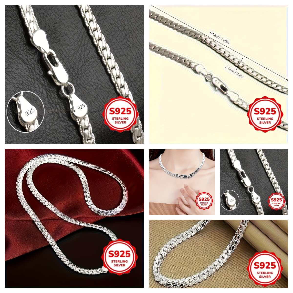 TEMU Elegant 20-inch 925 Sterling Silver Necklace - Fashionable And Elegant Design, Suitable For Men And Women, Special Occasion Jewelry, Fashion