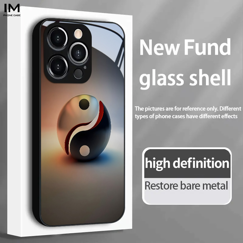 TEMU Phone Case: Modern Yin-yang Shui Tai Pattern Tempered Glass Black Phone Case. Compatible With Iphone 17, 16, 15, 14, 13, 12 / Iphone 17, 16, 15,