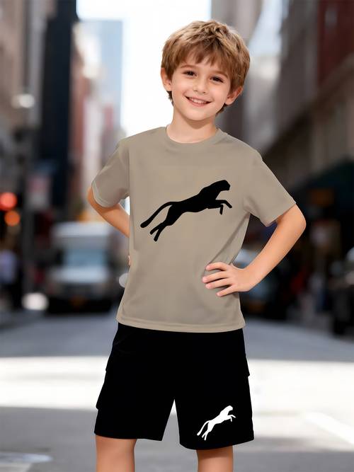 2pcs boys animal print t shirt and shorts set casual summer outdoor apparel with crew neck and regular fit for outdoor
