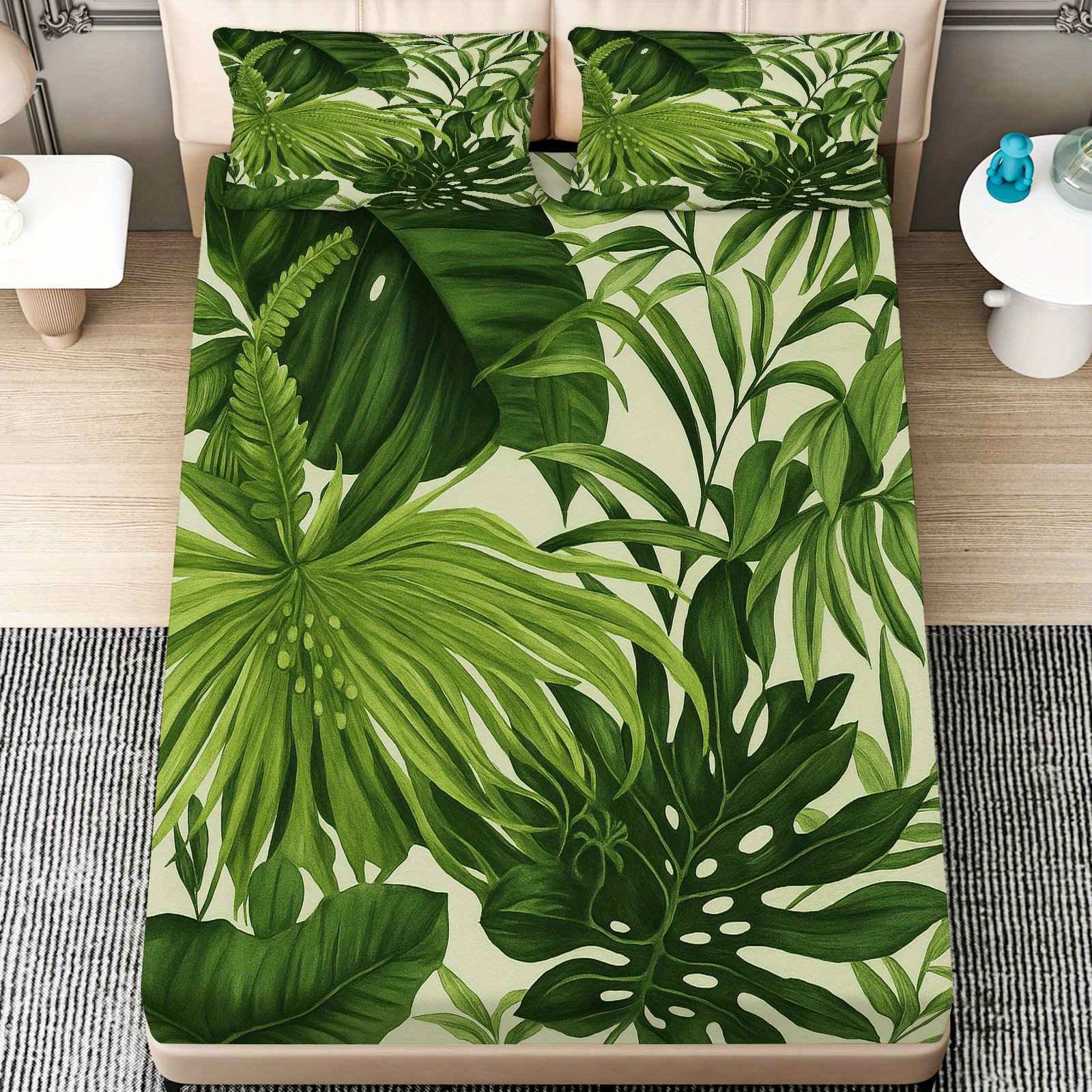 TEMU 3pcs Leaf Bed Sheet Fitted Sheet 3pcs Set (1*fitted Sheet+2*pillowcases, ), Botanical Theme, Green Plant Bedding, Mattress Protector Soft,