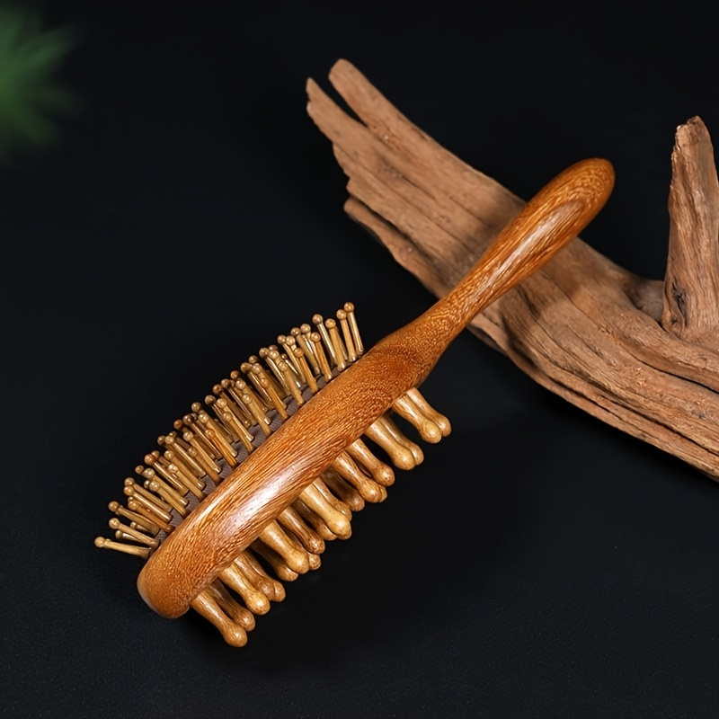 Image of 1pc Double-sided Sandalwood Comb - Fashionable Anti-static Scalp Massage Brush With Round Bristles, Suitable For All Hair Types, Household And Hair | Fashionable Comb | Wooden Handle