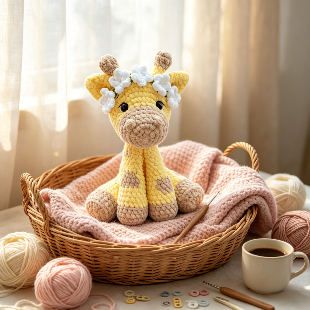 1pc cute flower   giraffe crochet kit for beginners complete diy amigurumi giraffe plush doll craft set with all materials yarn tools tutorial handmade knitted giraffe with floral headband perfect gift for   lovers home decor 1