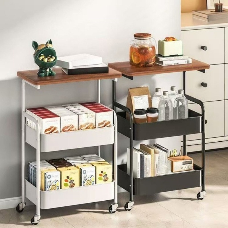 carrito de almacenamiento multifuncional de 3 niveles con ruedas - diseño delgado, superficie superior de madera y cestas de malla, ideal para cocinas, oficinas y baños -   de metal resistente con acabado de pintura en polvo - / 