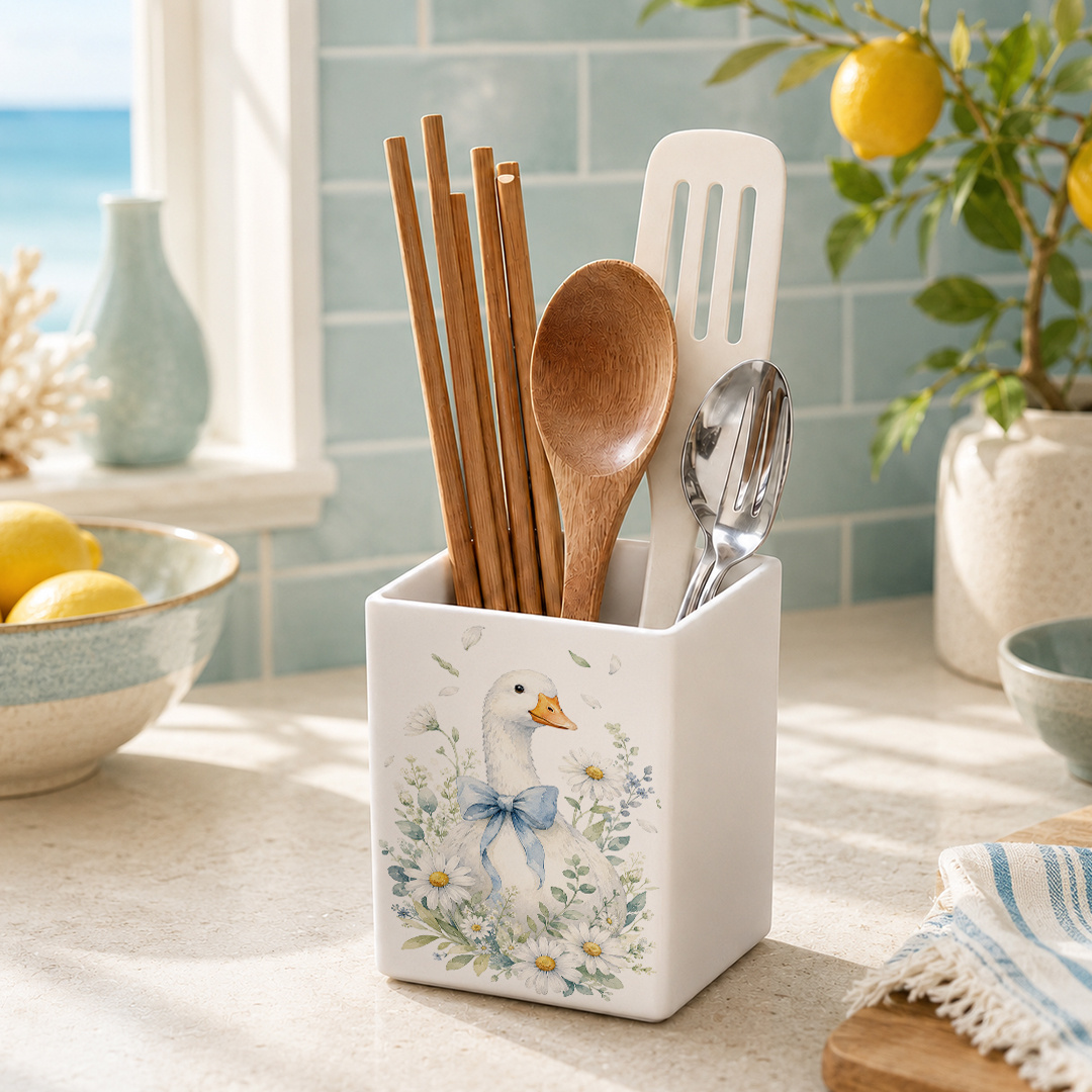 TEMU 1pc 10x7cm Square Pen Holder Storage Box Chick Daisy Desktop Organizer, With Goose Daisy Decoration - Plastic Storage Rack, Suitable For Women,