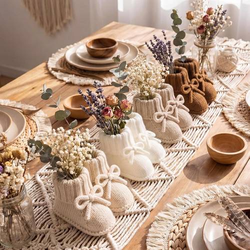 4 sets baby shower booties centerpiece knitted booties to fill with flowers diy boho rustic table decor for flower craft gender reveal party centerpiece decor
