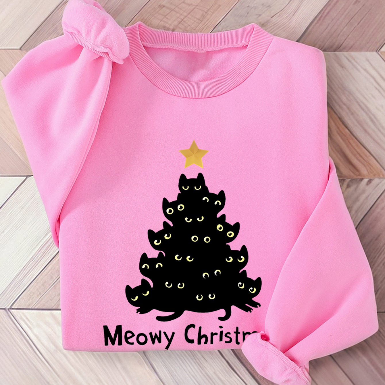 

Cozy Fleece-lined Christmas Sweatshirt For Women - Black Cat & Tree Print, Crew Neck Casual Pullover, Fall/winter, Best For Christmas