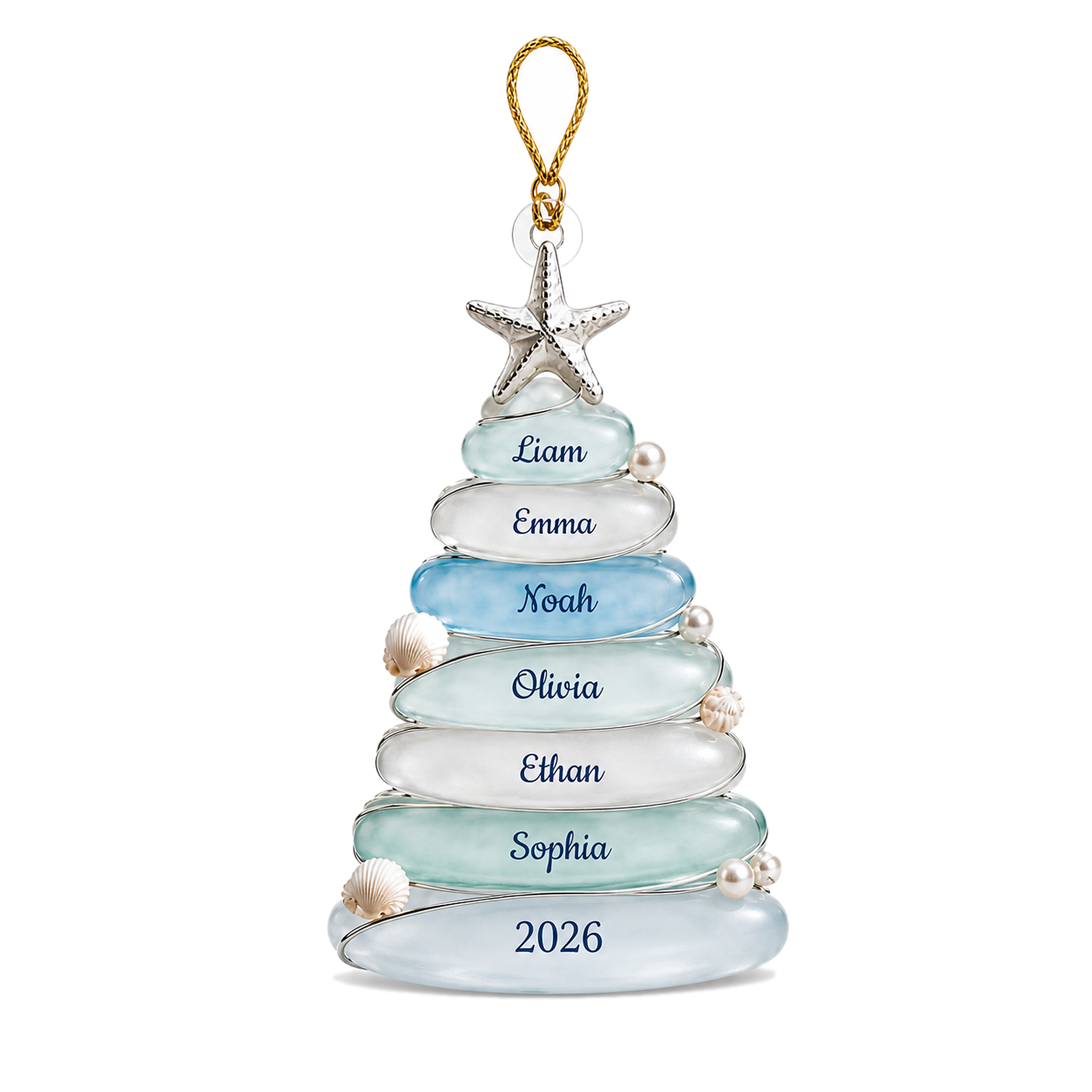 TEMU Ornement de sapin de Noël plat 2D personnalisé style verre de mer, de famille et année personnalisés de 1 à 8, étoile de mer côtière, et perle,