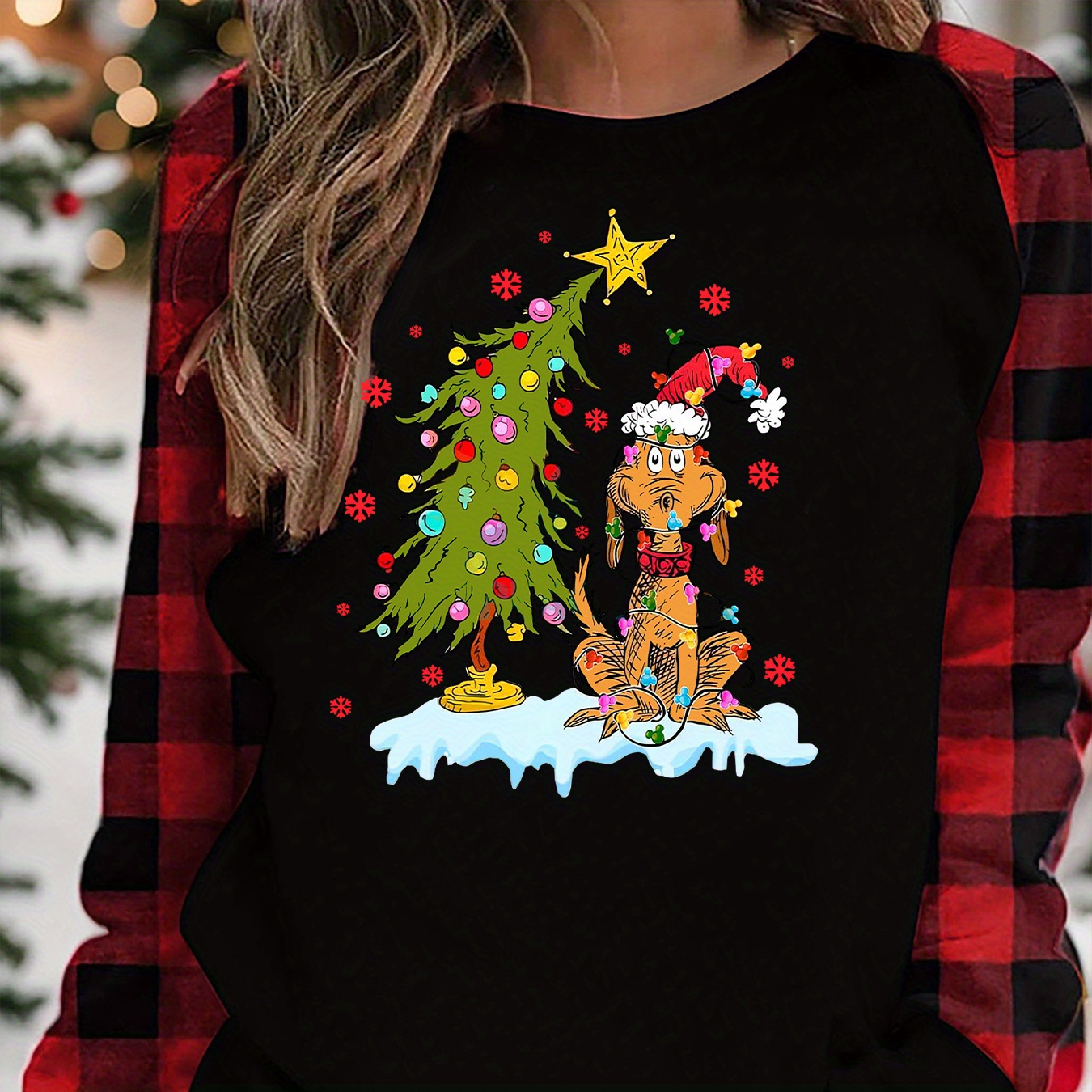 

Women's Christmas Tree & Dog Print T-shirt - Casual Crew Neck, Long Sleeve With Detail, Stretchy Polyester , Machine Washable, Plus Size Christmas Shirts