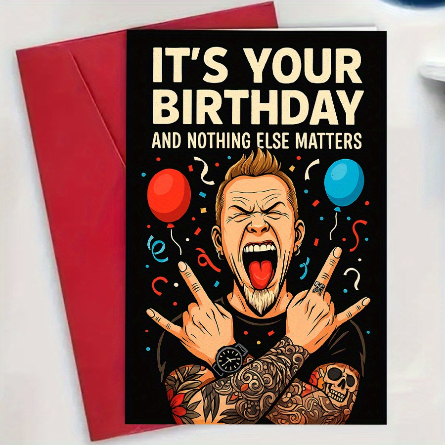An And Unusual Birthday Card Designed For Rock Music Enthusiasts, Featuring An Illustration Of A Tattooed Man. Perfect For Or Colleagues Who Unique And Fun Birthday Wishes. Includes An Envelope And