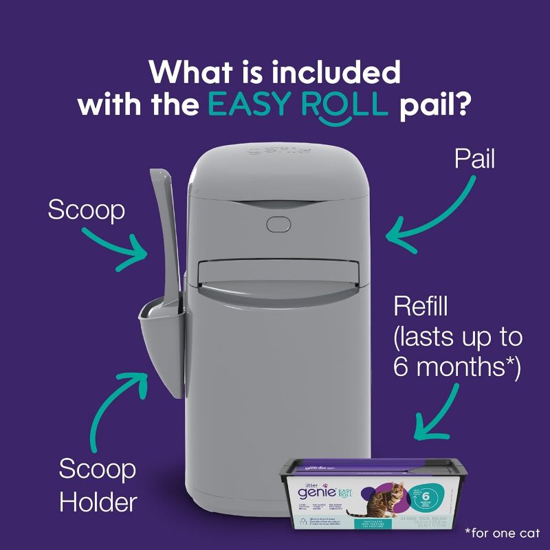 Litter Genie Easy Roll Pail Litter Box Waste Disposal System Odor Control Includes 1 Continuous Refill Bag