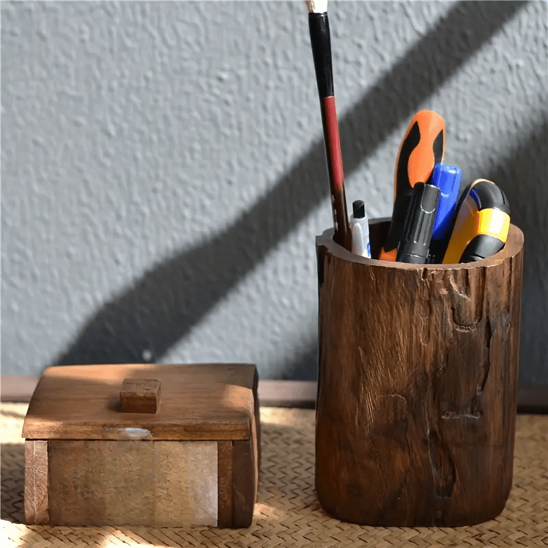 TEMU Porte-crayons en bois rustique - Organisateur de bureau élégant pour et , à naturels, solution de stockage durable, porte-crayons pour les
