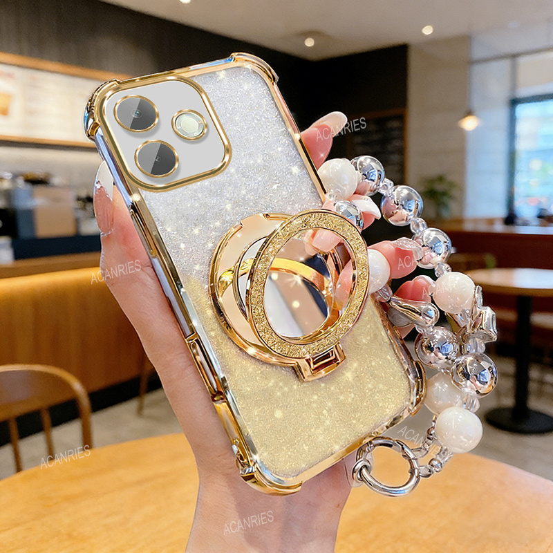 TEMU Phone Case: Luxurious Plating Four-corner Thickening Anti-fall Soft Phone Case For Oppo A5 Pro With Fashion Elegant Bracelet Chain Ring Magnetic