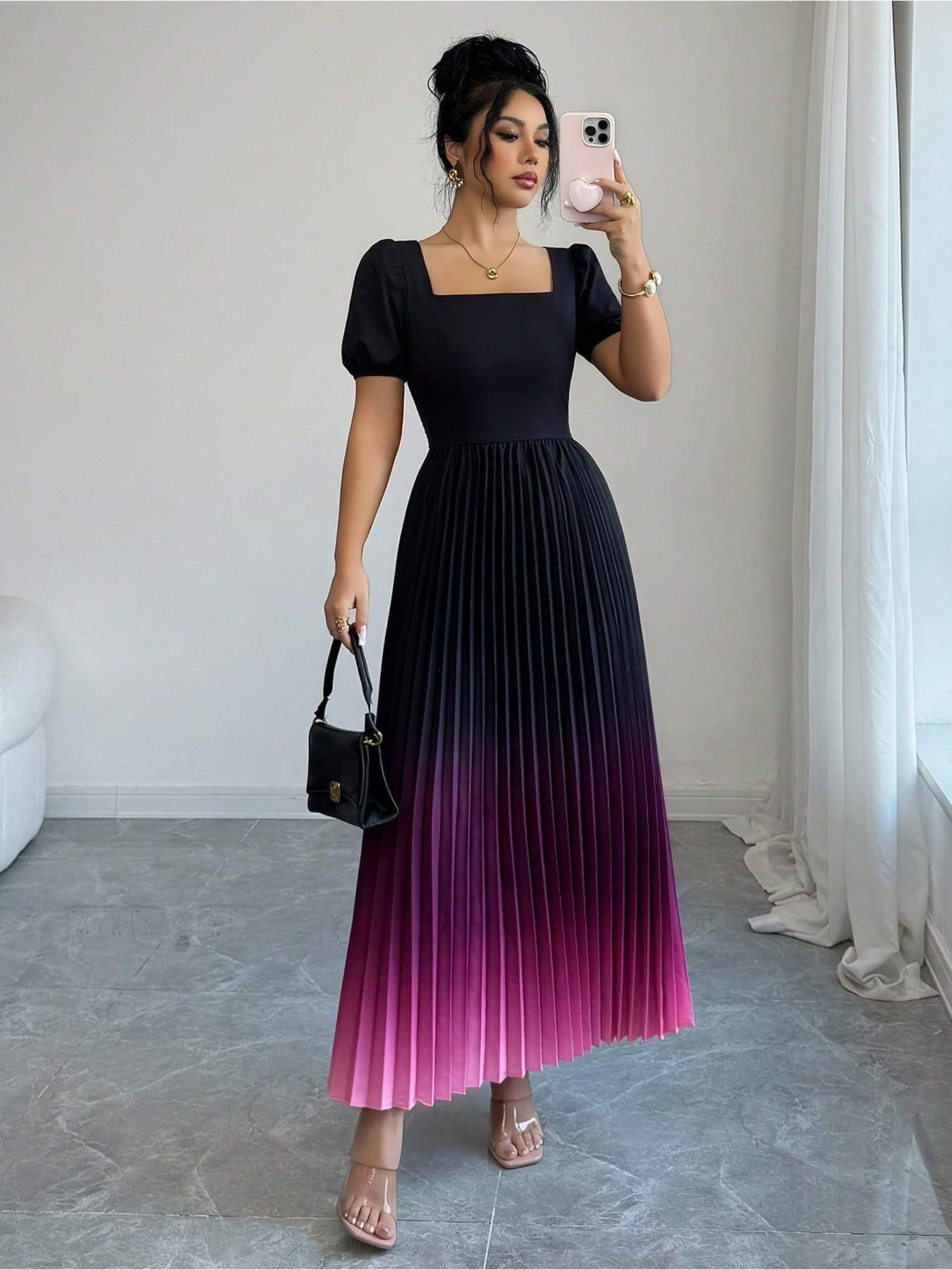knee length dresses for ladies Brooklynn One-Shoulder Accordion Pleat Dress Black L