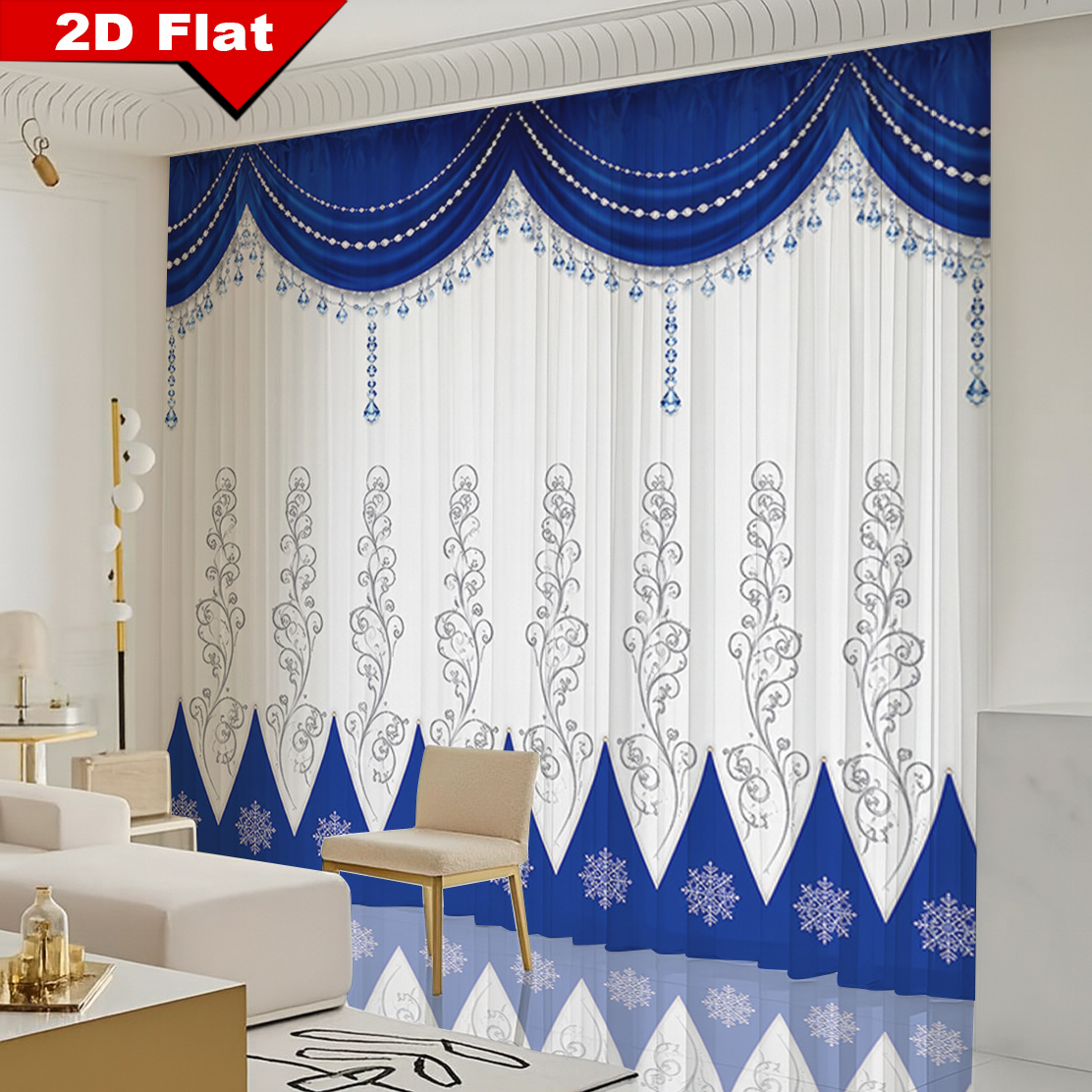 TEMU 2d Flat - 2d Flat - [2d Flat Printing] Curtain Fabric 2pcs Exquisite Blue And White Curtain Design Curtains Blue And White Snowflake Vine Theme