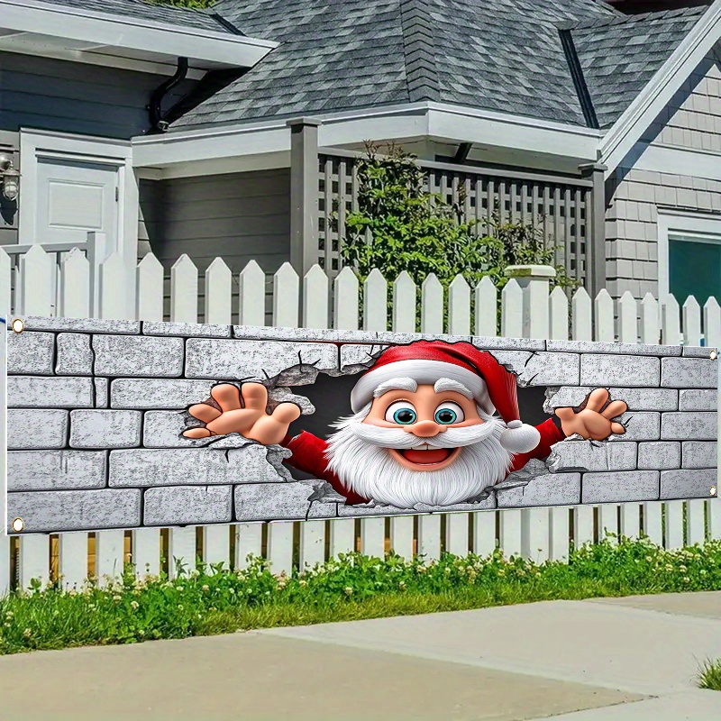 TEMU 1pc, Happy Christmas, Featuring Santa Claus Peeking From The Wall - A Decorative Fence Banner Made Of Patterned Polyester, Suitable For Outdoor
