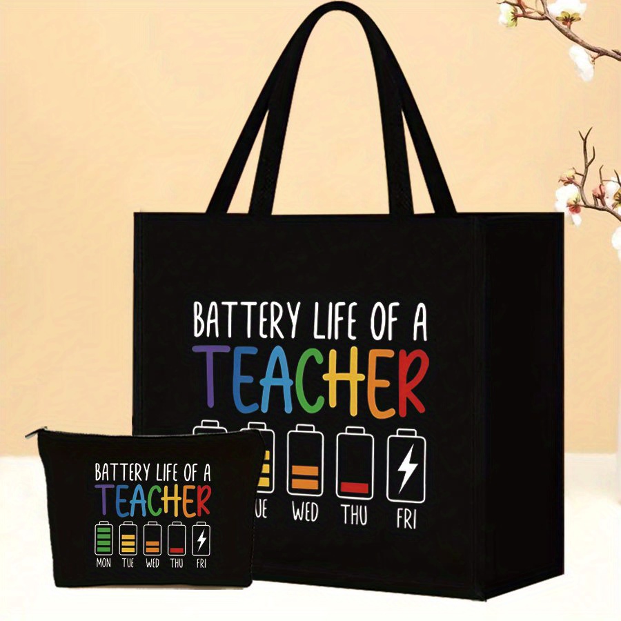 TEMU 2pcs Of A Teacher Print Tote Bag Set - Lightweight Burlap With Adorable Coin Purse - Perfect For Shopping, Travel & Beach - Durable & Versatile