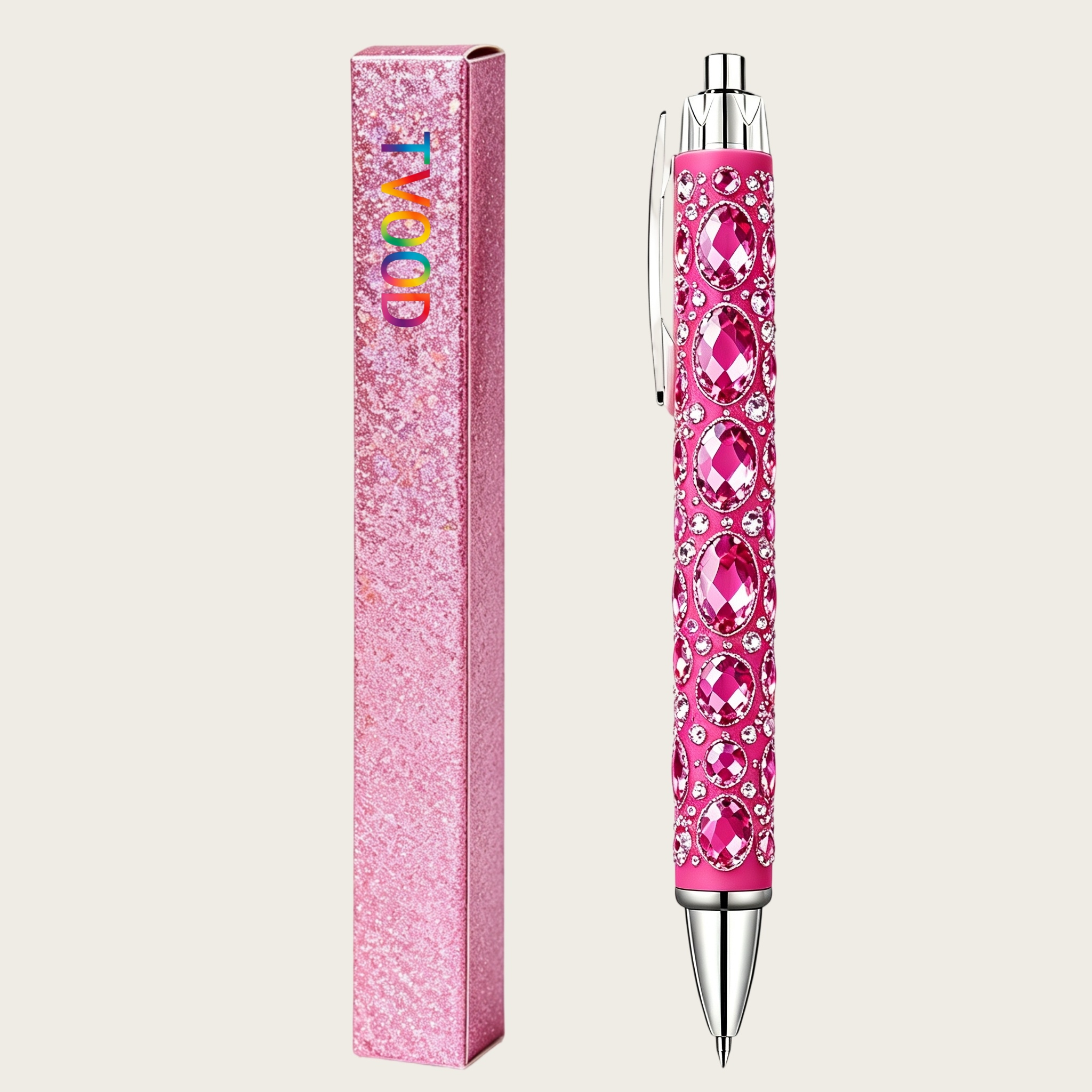 TEMU 1pc Luxury Pink Full Rhinestone Retractable Ballpoint Pen, With Exquisite Glitter Pen Box, Hd Printed Pattern, Smooth Writing, Girly Office