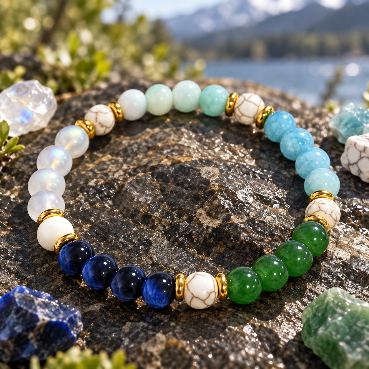 Handmade Blue Tiger's Eye & Moonstone Bead Bracelet, Prosperity Gift