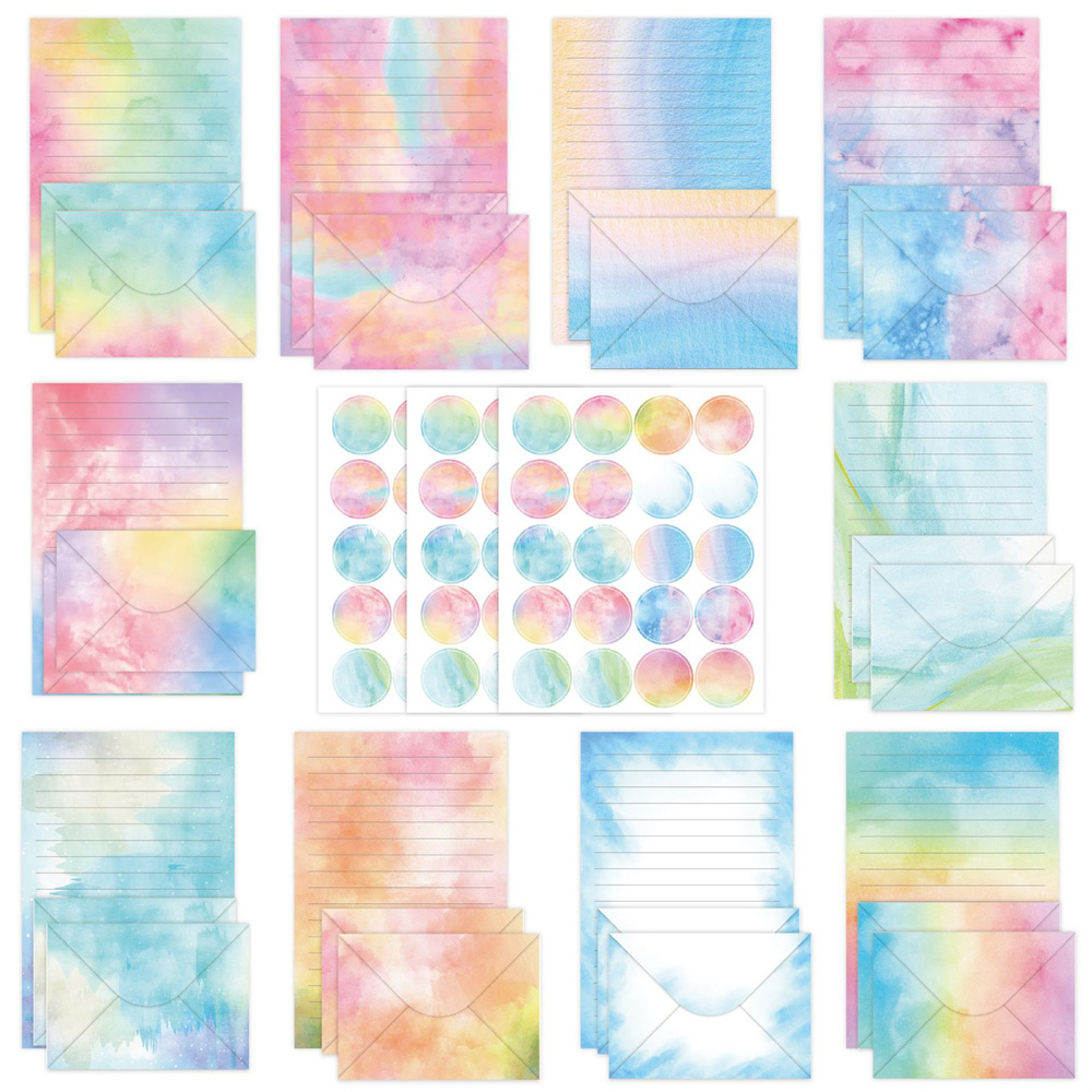 

103pcs Stationery (50 Double Sided Stationery Papers 50 Matching Envelopes) 60 Round Dot Sticker, 10 Design(watercolor, 5.5 X 8.25 Inch)