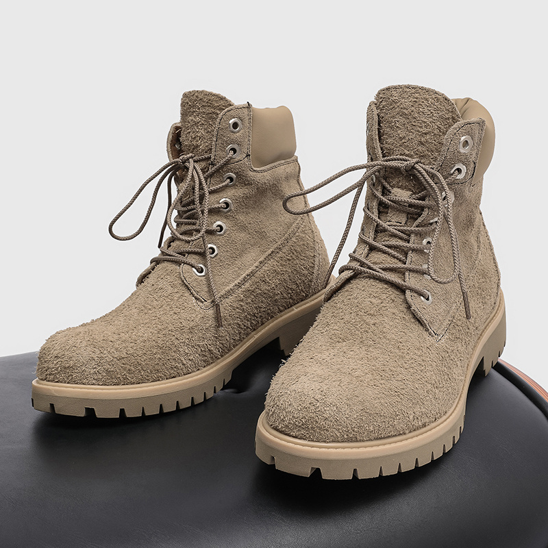 Men's Boots with Thick Sole for Height Increase, Work Boots, Outdoor Hiking Shoes, American High-Top Motorcycle Casual Shoes
