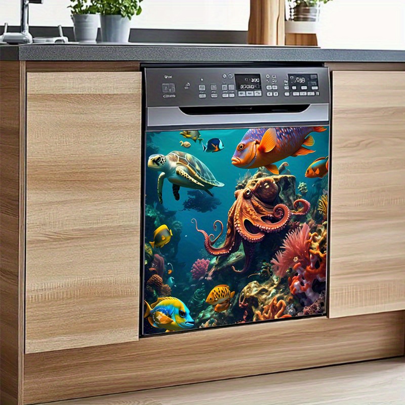 TEMU 2d Flat Sticker Set - 1 Set Of 2 2d Flat Stickers - Vibrant Underwater Design Featuring Turtles, Fish, And Coral , Suitable For Dishwashers,