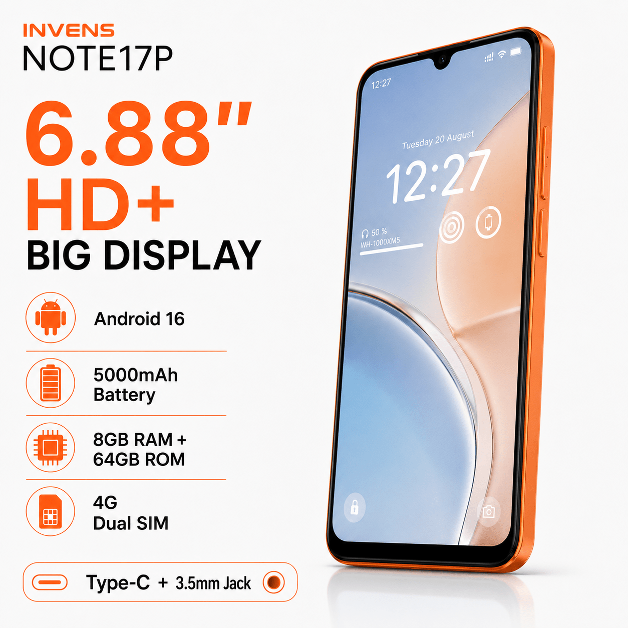 Image of Note17p Unlocked 16 4g Smartphone, 6.88-inch Hd+ Large Screen, 8gb (4+4) + 64gb Rom, 5000mah Battery, , 16mp + 8mp Ai Camera, Face Unlock, Type-c, Tf Up To 256gb