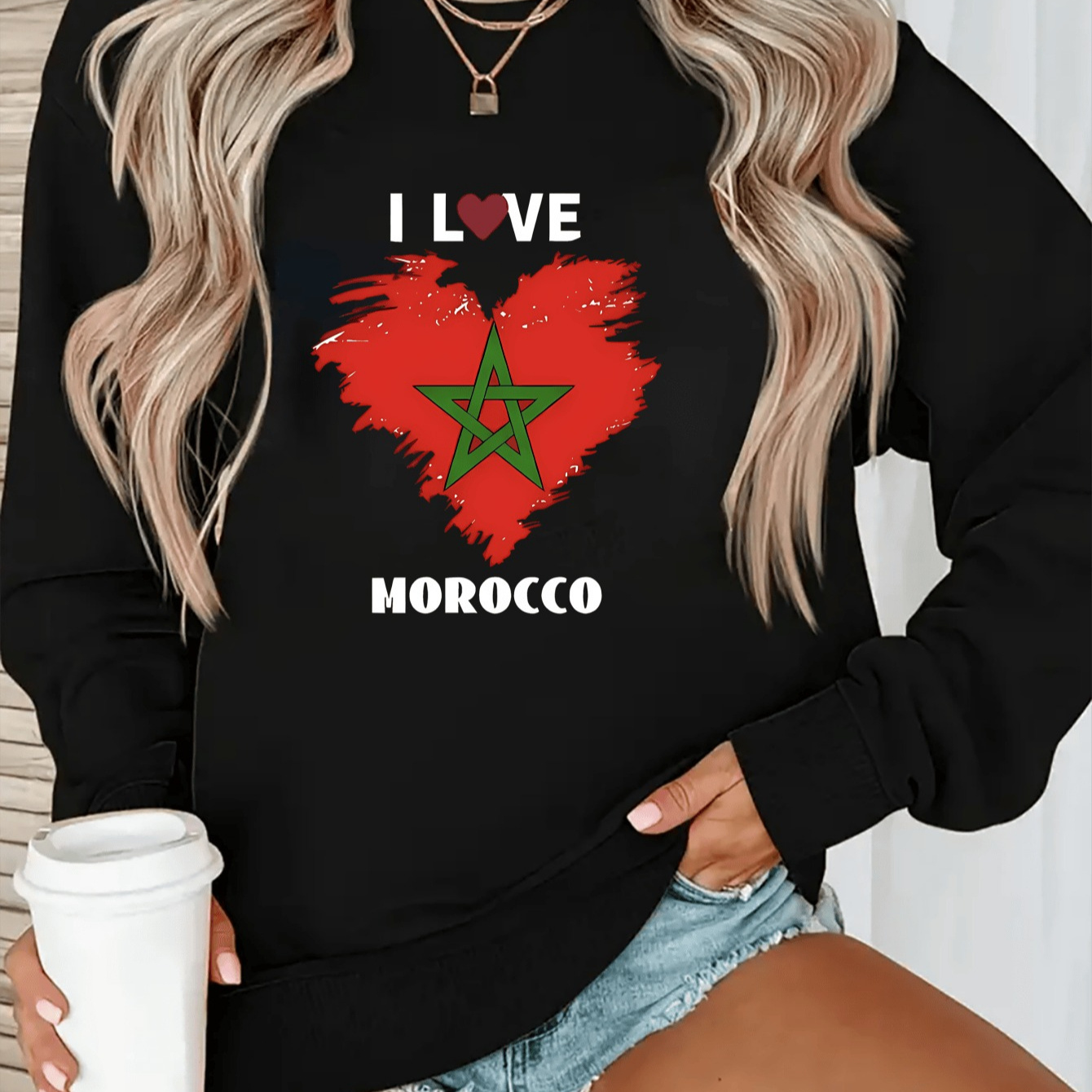 

Sweat-shirt à col rond imprimé "J'aime le Maroc" pour femmes - Tissu en polyester tricoté, style moyen-oriental, confort toutes