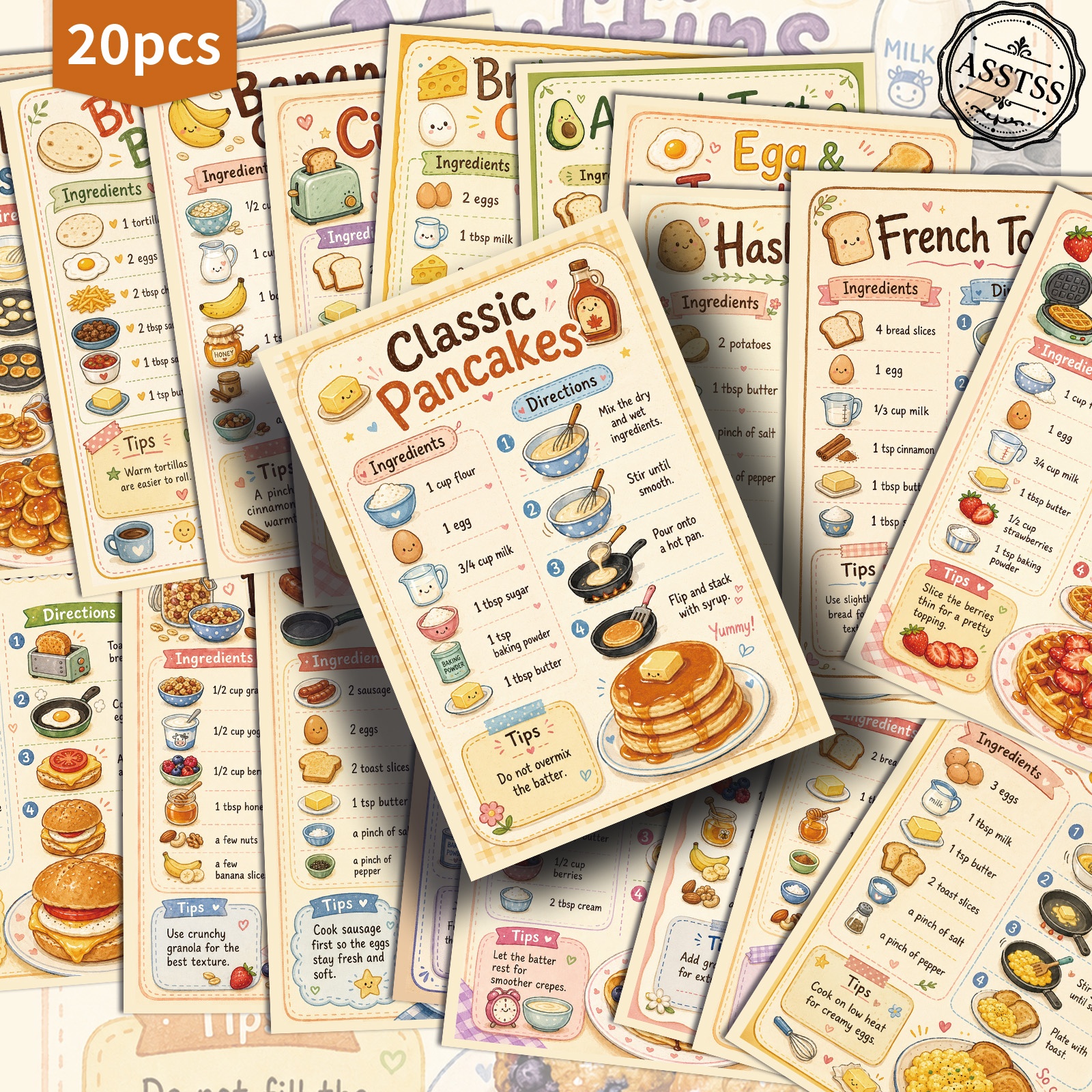TEMU 20-pack Asstss Vintage Cartoon Breakfast Recipes Postcards - 4x6 Inches Retro Junk Journal Supplies, Classic Pinup Illustrations Collectible