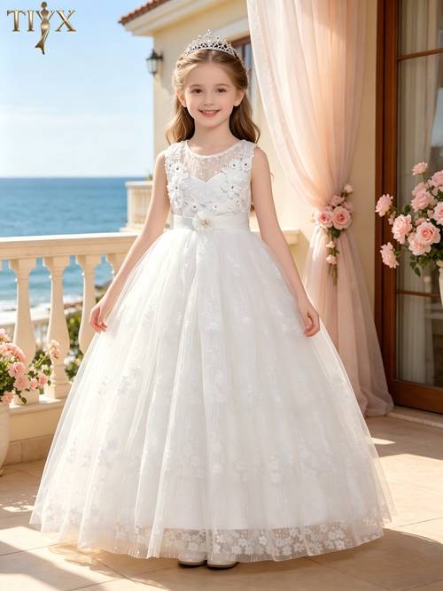 White Sleeveless Flower Girl Dress, Lace Floor Length Formal Gown, Princess Party Outfit for Girls 4-15, Wedding, , , Pageant, Christmas, Easter, Halloween, New Year