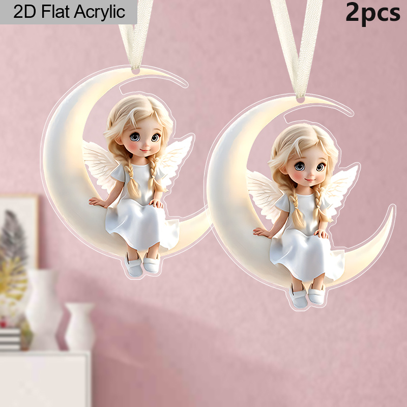 TEMU 2d Flat, 2pcs Glowing Hanging Decorations - 2d Acrylic Girls Suitable For Windows, Car & Christmas Tree Ornaments, Elegant Suitable For