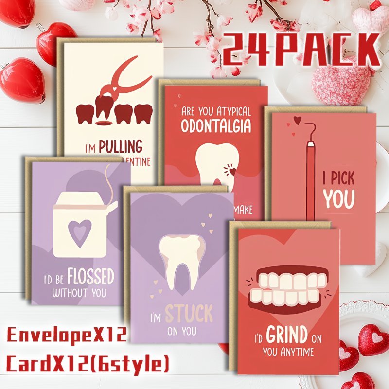 

24 Pack Dental Theme Valentine's Day Greeting Cards With Envelopes, Humorous Teeth And Design, Multi- Blank Cards For Dentists, Friends, , Paper Material, No Electricity Needed