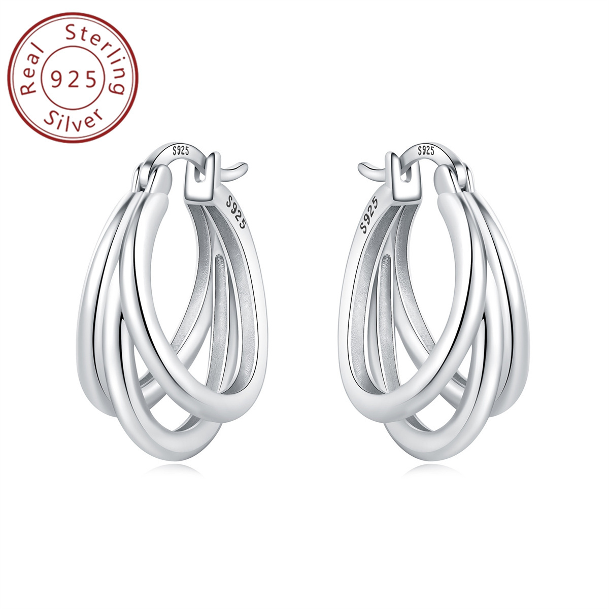 TEMU Elegant 925 Sterling Silver Multi-ring Hoop Earrings - Everyday & Gift-, Simple Yet Fashionable Design, Holiday, Jewelry Gift, 1 Pair