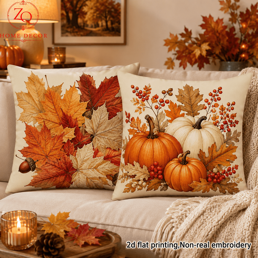TEMU 2d Flat - 2d Printing 2pcs Autumn Warm Brown Maple Leaf Pumpkin Berry Decorative Pillowcases, Suitable For Bedroom, Sofa, Living Room, Car