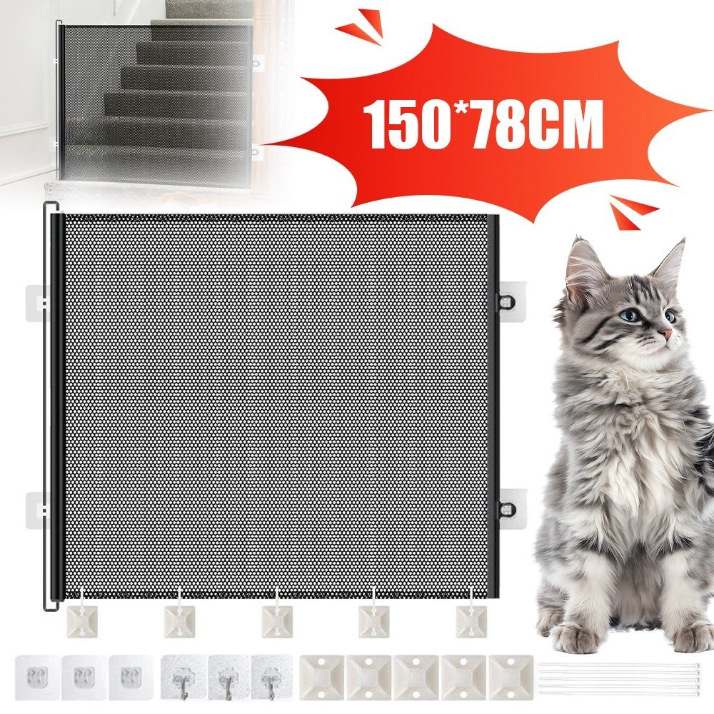 Retractable Pet Gate 150*78cm, No Drill Installation, Breathable Mesh Safety Gate For , Portable Indoor Gate For Doorway, Stairs, Kitchen, Bedroom & Living Room
