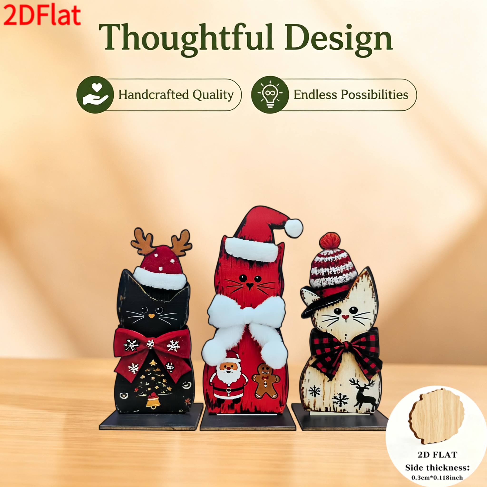 TEMU 2d Flat, 3pcs Set, Country Style Wooden Christmas Cat Ornaments. Many Display , A Living Room Table, Fireplace Mantel, Or Entrance Shelf