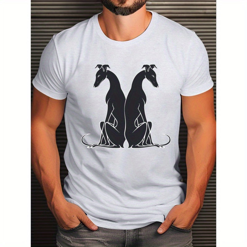 

Men' T-shirt, Greyhound Dog Silhouette, Regular Fit, Polyester, Knit Fabric, Casual Summer Style, Adult, Stretchy, Geometric Pattern, Crew Neck