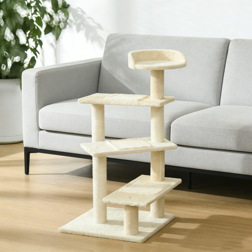 100cm Beige Cat Tree Tower, Sisal Poles + Large Platform, Multi-level Scratching/climbing Tree For Small & Medium Cats