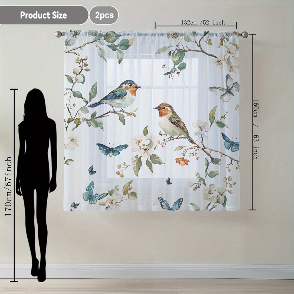 TEMU 2 pièces de Rideaux Transparents à Motif Floral, Style Naturel et Élégant avec Poche pour Tringle, Idéal pour Cuisine, Salon, Balcon ou Jardin