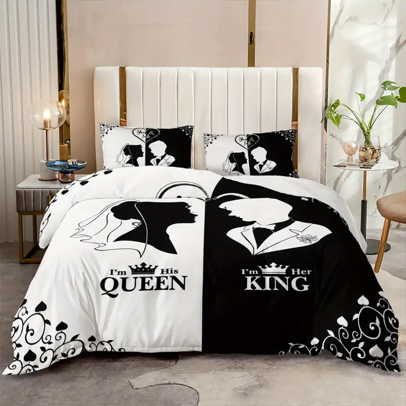 3pcs king queen couple 3 printed duvet cover set wedding bedding set for black and white bedding for bedroom or decor polyester comforter cover gift 1 quilt cover 2 pillowcases Product details 3