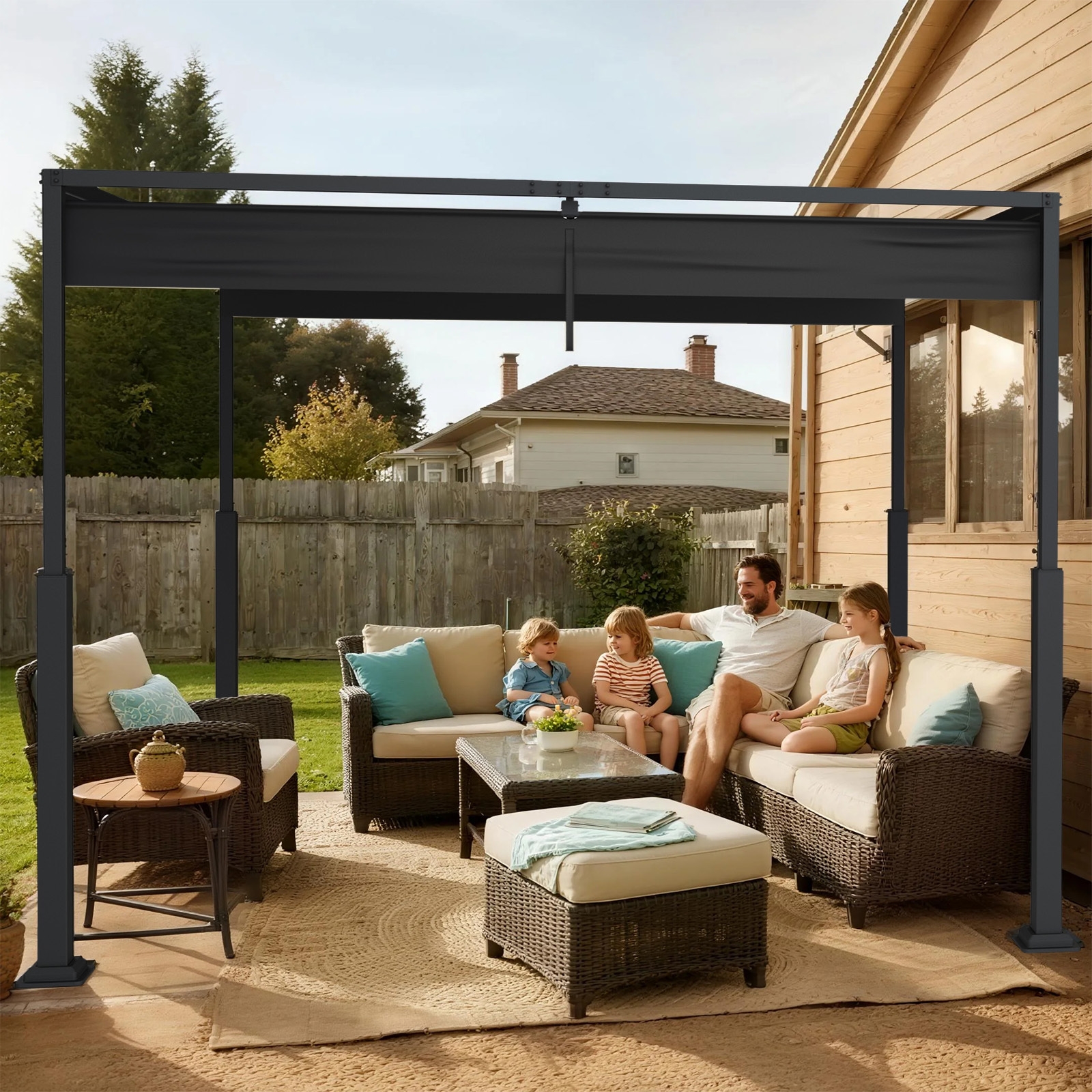 Kidsbuddy Garden Pergola With Sliding Roof, Garden Pergola With Awning Protection For Terrace, Uv Shading