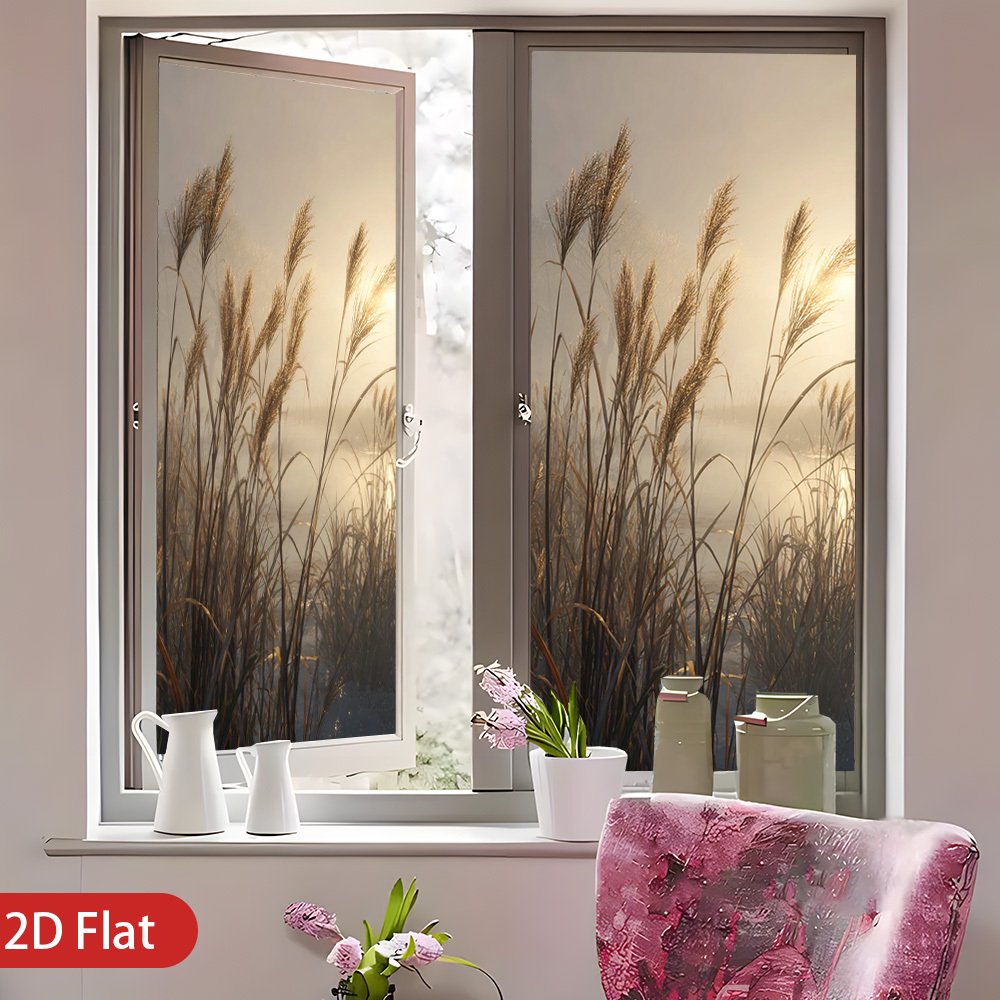 TEMU 2d Flat, 1pc Static Cling Window Film Suitable For Privacy Glass - Dry Grass & Reed Scenery Window Sticker, Pvc Panel With Static Cling