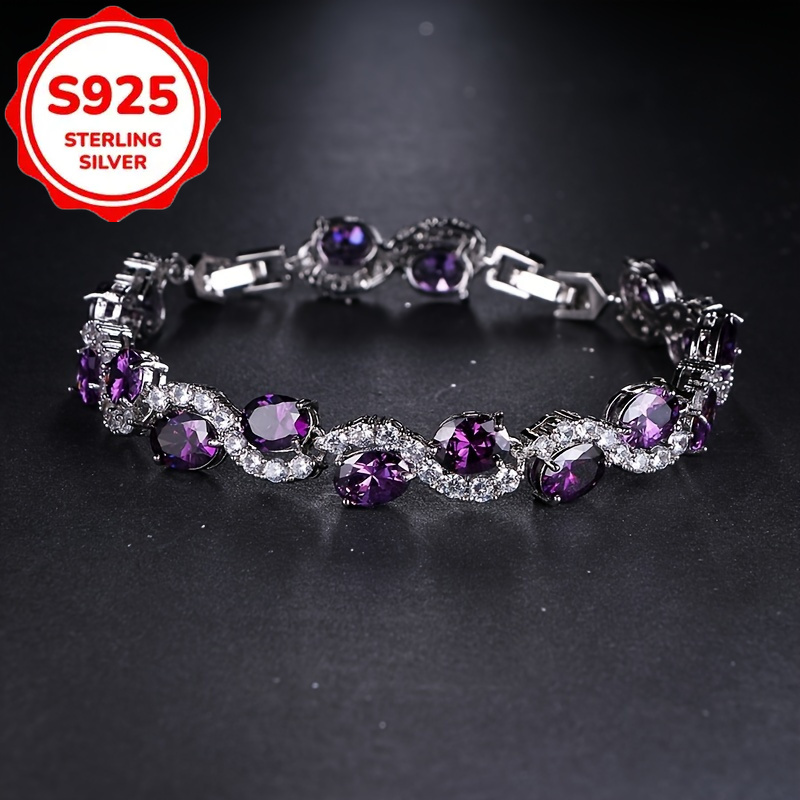 TEMU Bracelet de chaîne ovale de luxe violet en argent sterling 925 avec moissanite éblouissante, artisanat , cadeau de mode parfait pour femmes,