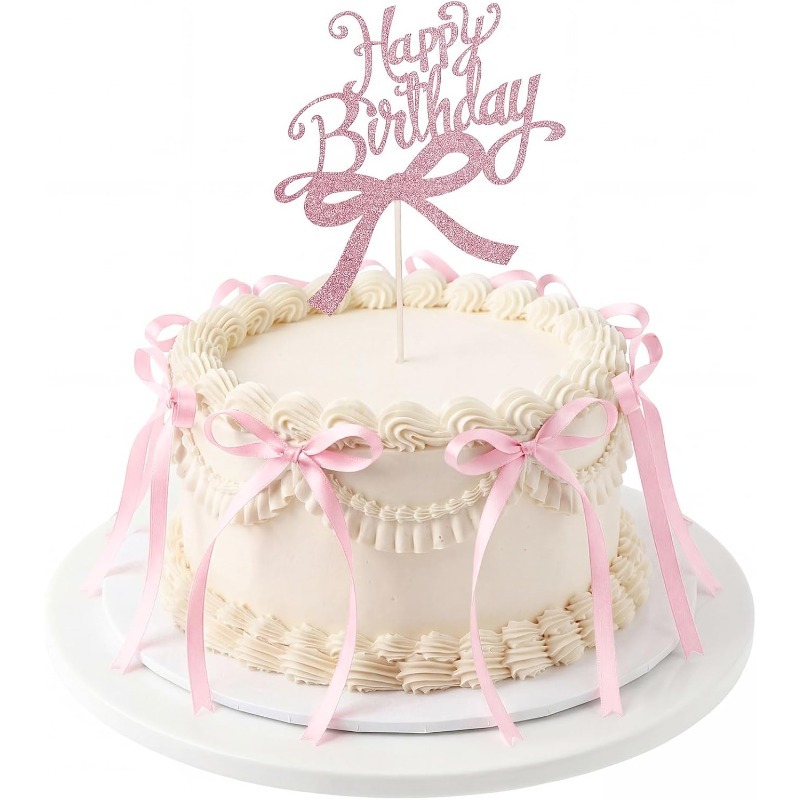 TEMU 18pcs Pink And Black Ribbon Bows For Cake With 1pc Happy Birthday Cake Topper | Pink Bow Birthday Decorations, Toppers, Happy Birthday Decor For