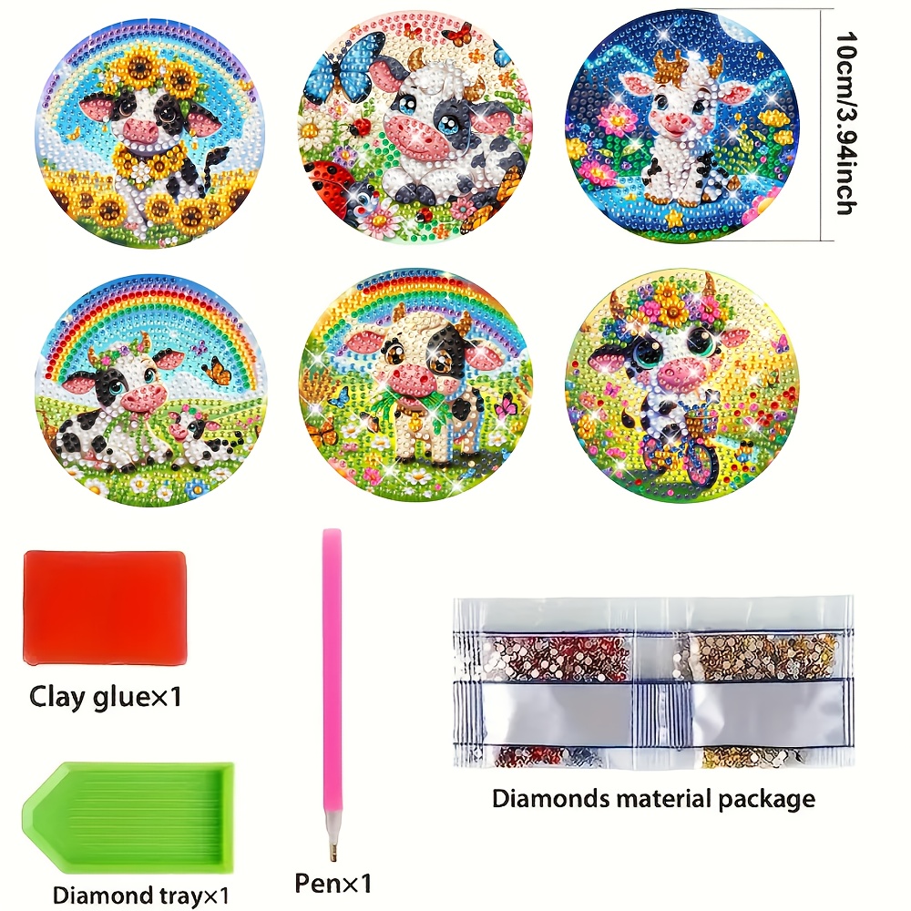 TEMU 6pcs 6pcs Diy Diamond Painting Coaster Set With Cow-themed Irregular/round Non-slip Drink Mats Suitable For Home , Housewarming Gifts, Christmas