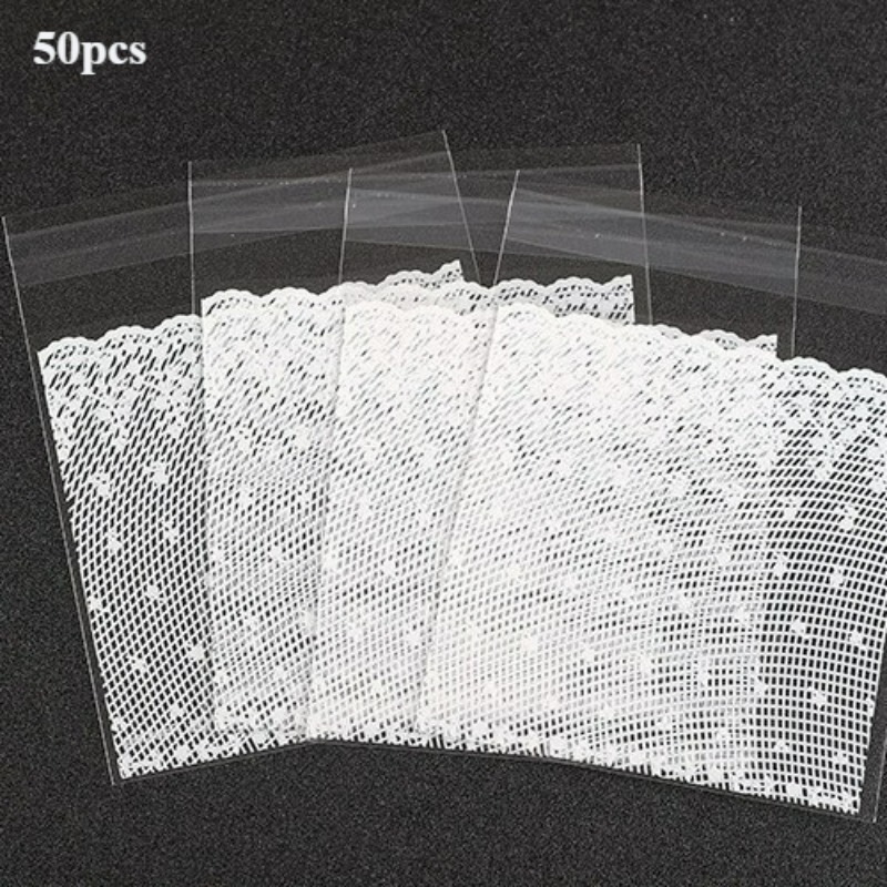 TEMU 50pcs White Lace Self-adhesive Gift Bags, Elegant Clear Glassine Paper Bags With Floral Pattern & Seal Sticker, Wedding Party Favors, Handmade