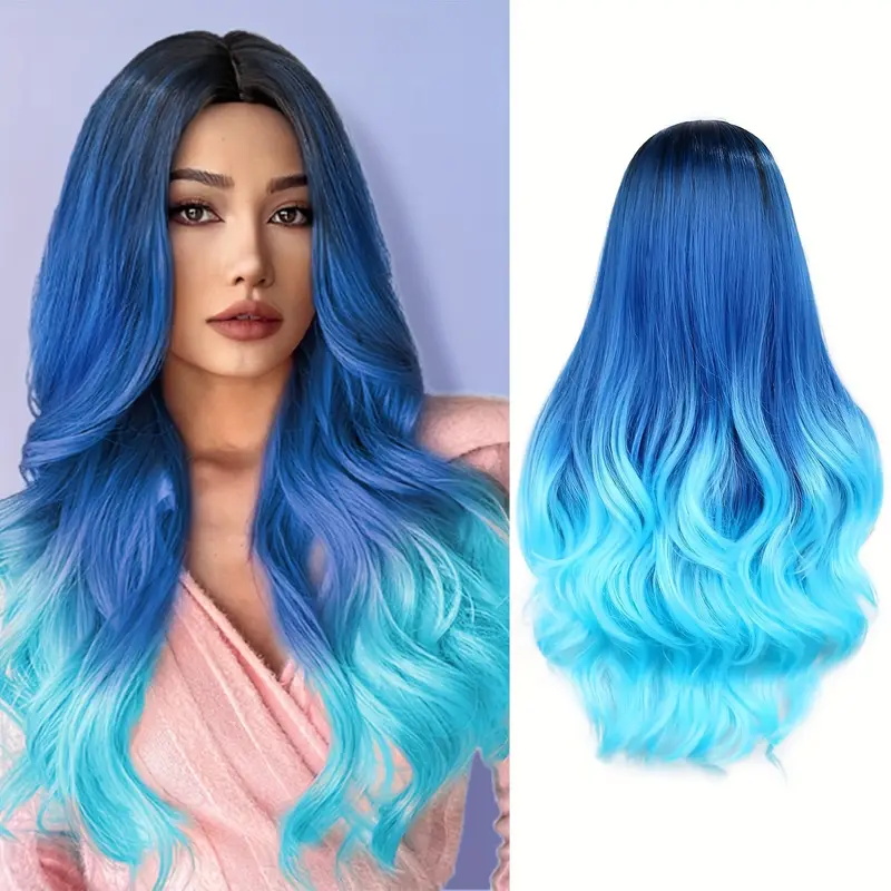 TEMU Blue Gradient Long Curly Hair Gradient Large Wavy Wig Middle Part Wigs For Women Gradient Colored Wigs For Cosplay Daily Party Wig Synthetic