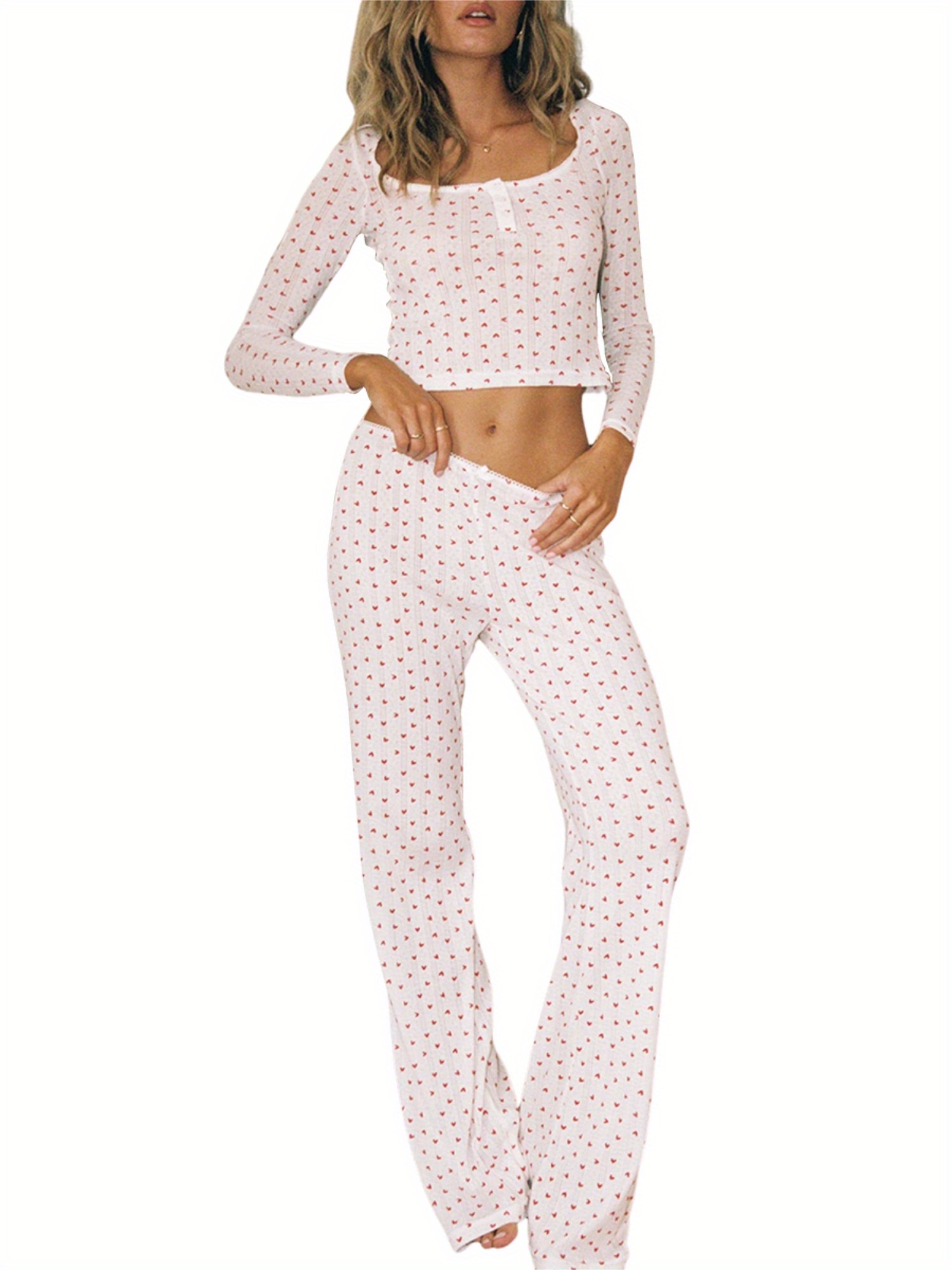 【MOODMOON】Heart Bear Long Sleeve Pajama Set women pajama set heart/bear print long sleeve crop - Temu