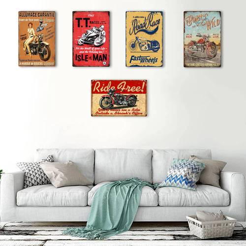 5pcs vintage metal tin sign set motorcycle wall decor 8x12 inch aluminum for man cave home bar garage outdoor wall decor