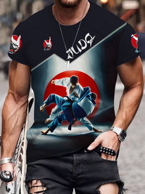 mens new judo themed sports print short sleeve t shirt with martial arts figure pattern fashionable casual top printed t shirt