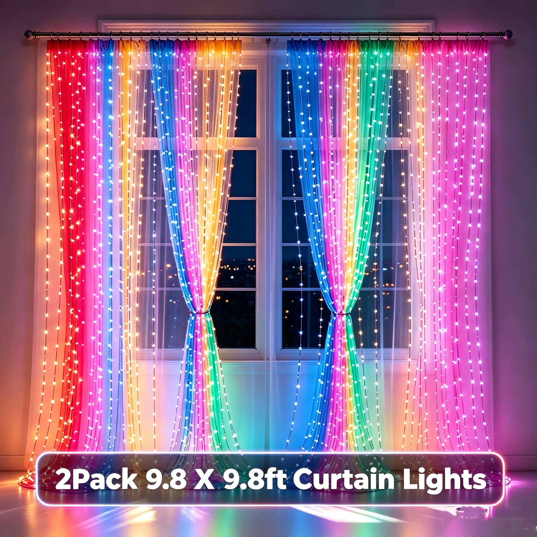 TEMU 2-pack 300- Multicolor Flashing String Lights With 9.8ft Curtain Coverage - 300- Multicolor Rgb Party Lights For Weddings, Valentine's Day,